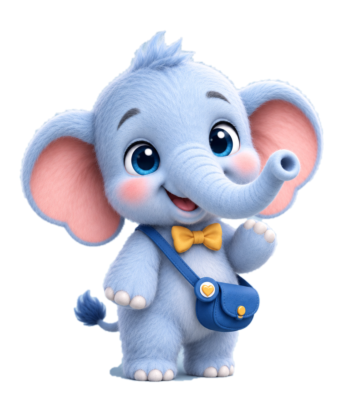 Elefriend, a cute pale-blue baby elephant with blue eyes, a yellow bow tie and a blue satchel, waving hello